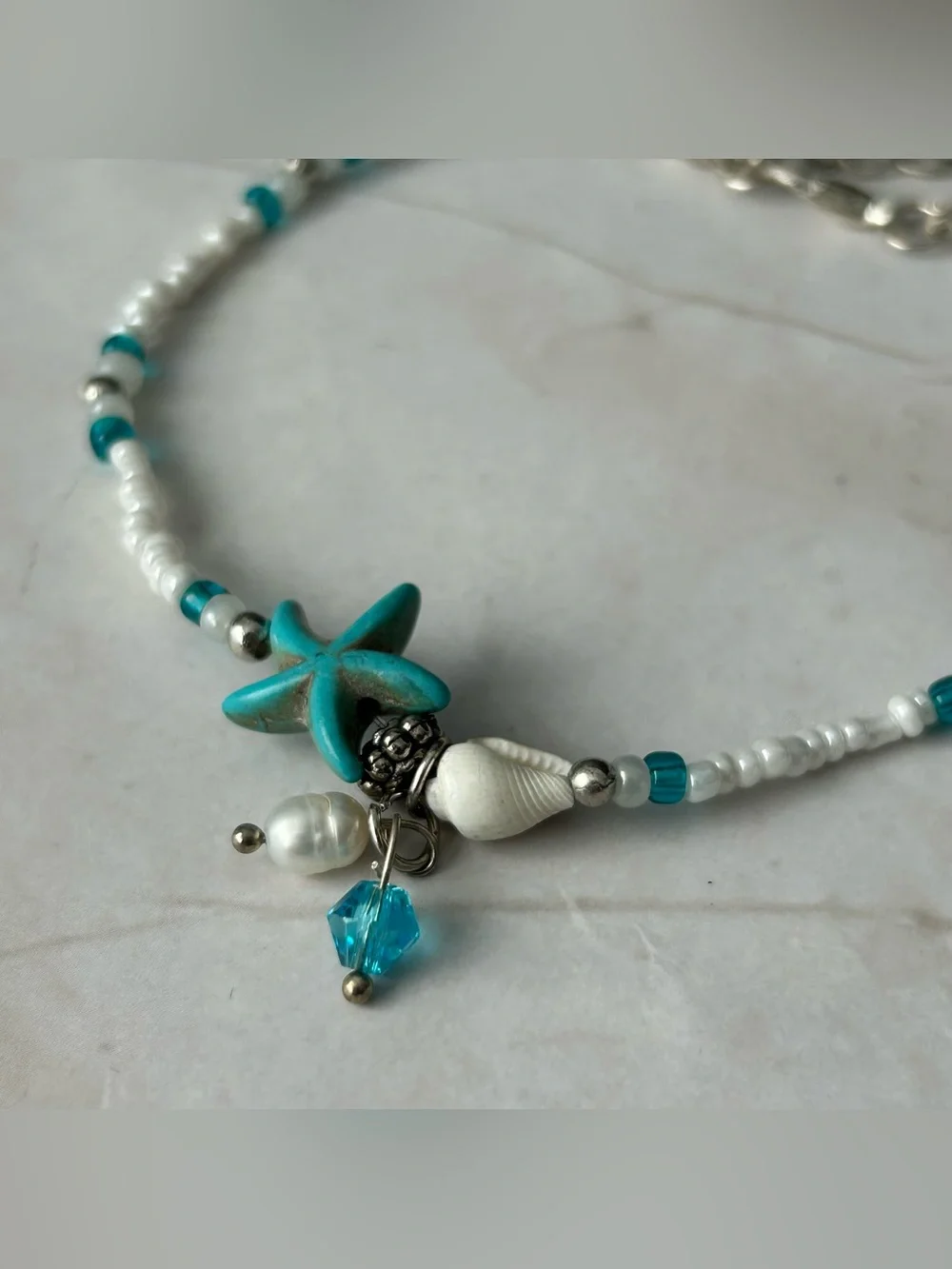 Turquoise & White Starfish Beaded Anklet with Shell Charm